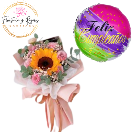RAMO DE 1 GIRASOL RODEADO DE 8 ROSAS + GLOBO