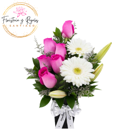 CAJA DE 6 ROSAS, 2 GERBERAS Y LILIUM