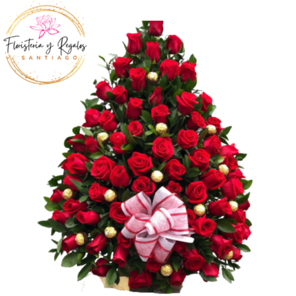 IMPRESIONANTE ARREGLO 50 ROSAS Y 16 BOMBONES INCRUSTADOS