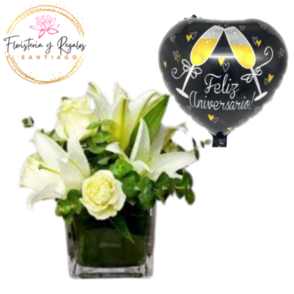 CUBO DE 3 ROSAS + 3 LILIUM + GLOBO