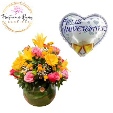 PECERA CON FLORES MIXTAS + GLOBO