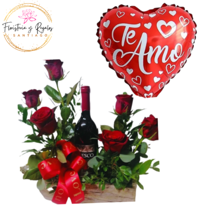 BASE DE MADERA DE 6 ROSAS, VINO DE 750ML Y GLOBO