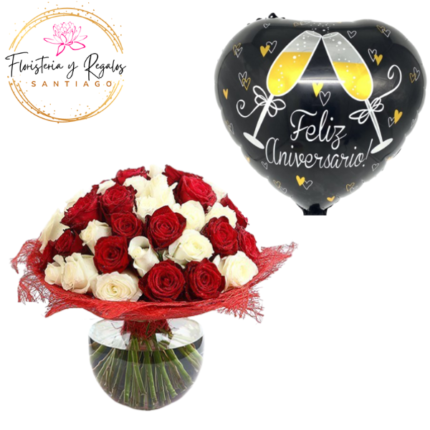 PECERA DE 40 ROSAS + GLOBO