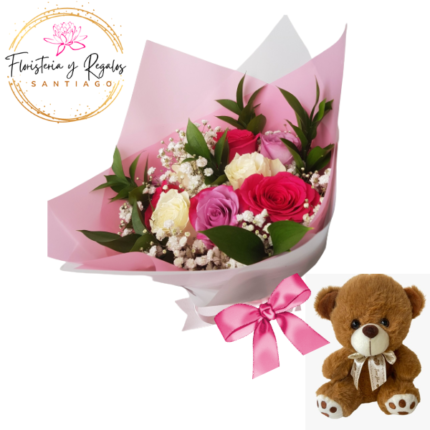 RAMITO DE 6 ROSAS + PELUCHE DE 20CM
