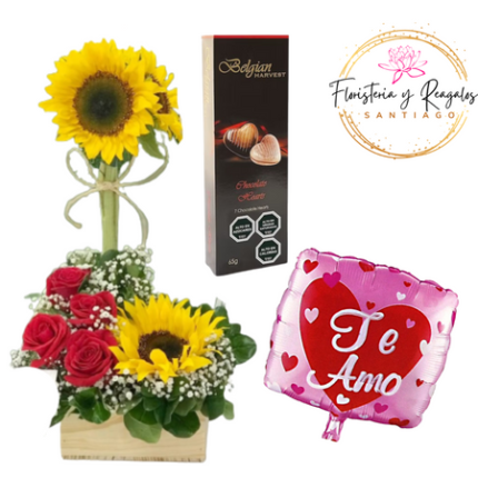 ARREGLO DE 4 GIRASOLES 4 ROSAS 1 BELGIA 1 GLOBO