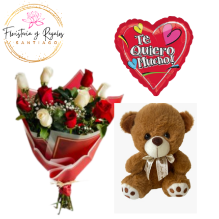 RAMO DE 10 ROSAS DISPERSO + PELUCHE 20CM + GLOBO