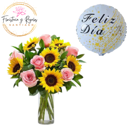 FLORERO 6 ROSAS 6 GIRASOLES + GLOBO