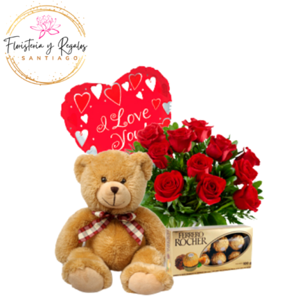 RAMO DE 11 ROSAS DISPERSO + FERREROS ROCHER DE 100G + PELUCHE 25CM Y GLOBO