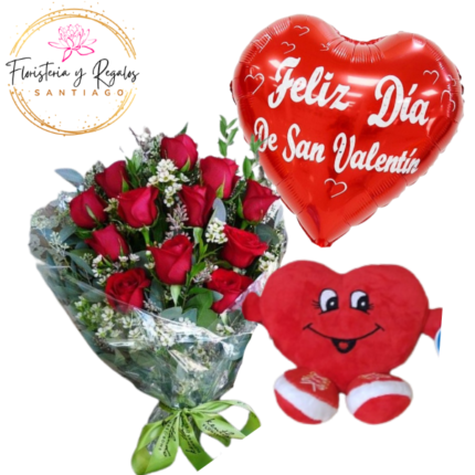 RAMO EXTENDIDO DE 12 ROSAS, PELUCHE CORAZON 15CM Y GLOBO