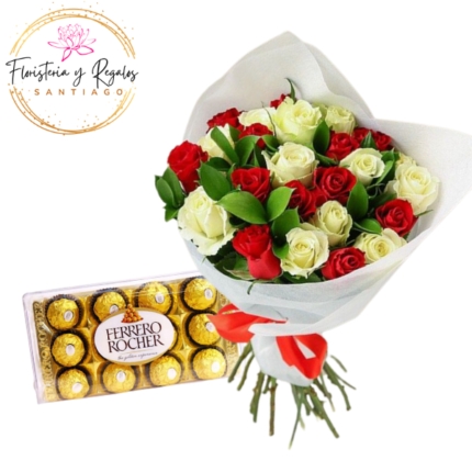 RAMO DE 24 ROSAS, FOLLLAJE Y FERREROS ROCHER 150 GRS
