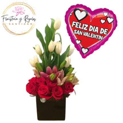 ARREGLO DE 7 ROSAS, 10 TULIPANES, LILIUM Y GLOBO