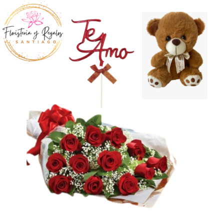 RAMO DE 12 ROSAS + FOLLAJE E ILUMINACION + PELUCHE 20CM + TOPPER
