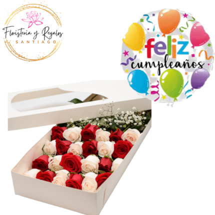 CAJA VISORA DE 24 ROSAS + GLOBO