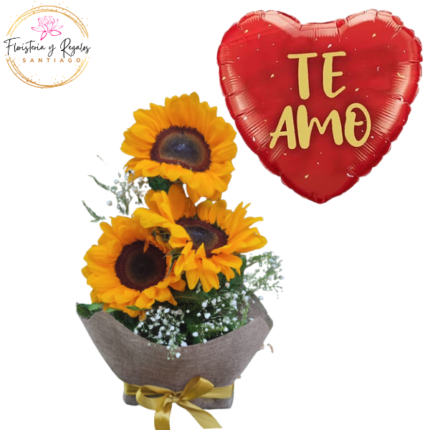 ARREGLO DE 3 GIRASOLES Y GLOBO
