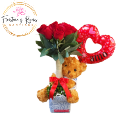 ARREGLO ARBOL DE 10 ROSAS + PELUCHE DE 25CM Y GLOBO