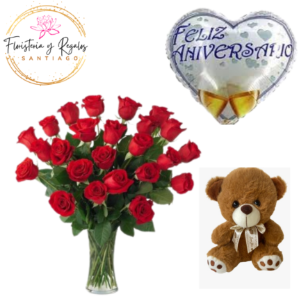 FLORERO DE 20 ROSAS + PELUCHE DE 20 CM + GLOBO