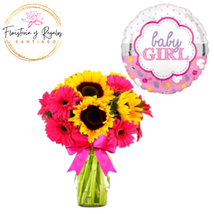 FLORERO 4 GIRASOLES 6 GERBERAS + GLOBO