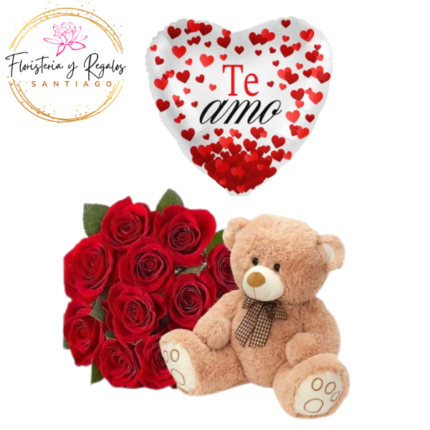 RAMO DE 12 ROSAS + PELUCHE 24CM + GLOBO