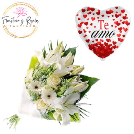 RAMO DE 6 LILIUM 3 ROSAS 3 GERBERAS FOLLAJE E ILUMINACION + GLOBO