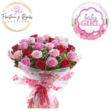 RAMO DE 24 ROSAS DISPERSO CON FOLLAJE + GLOBO