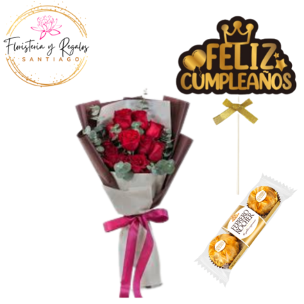 RAMO DE 10 ROSAS + FERREROS DE 3 UND  Y TOPPER