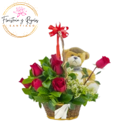 CANASTA DE 5 ROSAS Y PELUCHE DE 25 CM