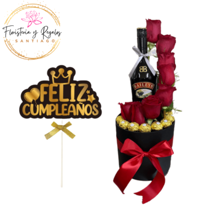 BOX DE 8 ROSAS + BAILEYS Y 8 BOMBONES + TOPPER