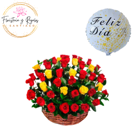 CANASTA DE 45 ROSAS + GLOBO