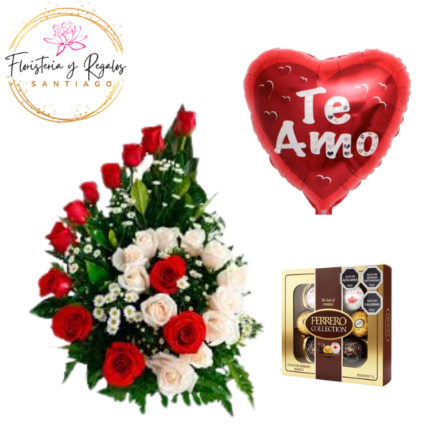 ARREGLO DE 25 ROSAS + FERREROS DE COLECCION Y GLOBO