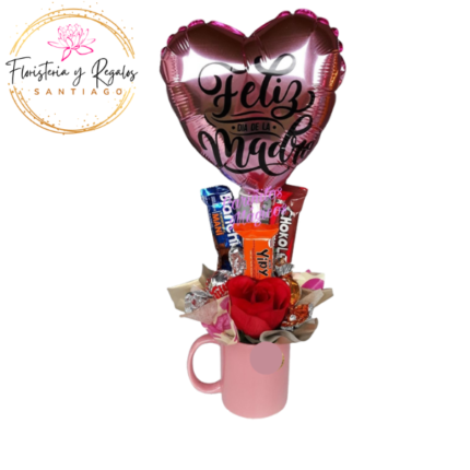 TAZA CON 1 ROSA 4 CHOCOLATE NACIONAL + GLOBO