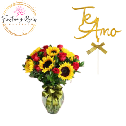 FLORERO DE 6 GIRASOLES Y 6 ROSAS + TOPPER