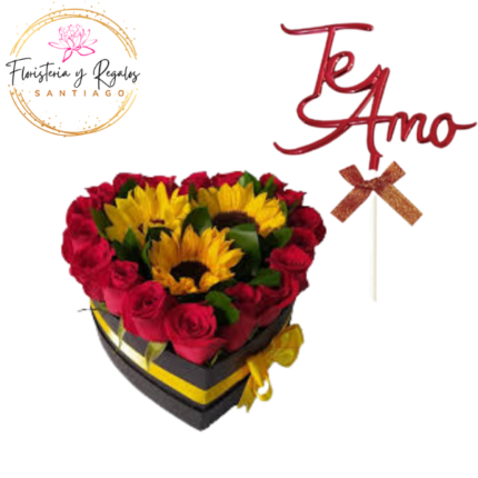 CAJA CORAZON 18 ROSAS 3 GIRASOLES + TOPPER