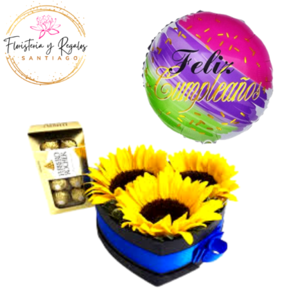CAJA 3 GIRASOLES + BOMBONES FERREROS 100G + GLOBO