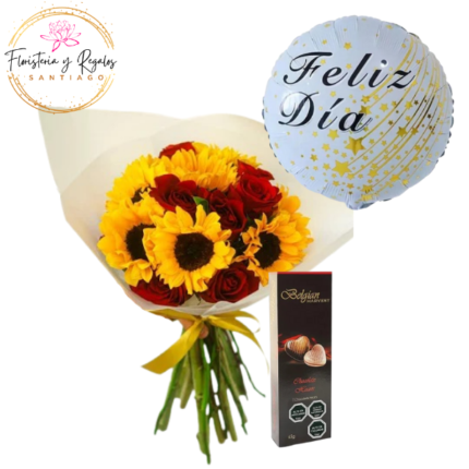 RAMO DE 16 ROSAS, 8 GIRASOLES, BOMBONES BELGIAN Y GLOBO