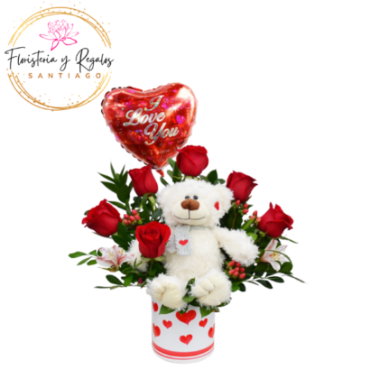 BOX  6 ROSAS + PELUCHE 25 CM Y GLOBO