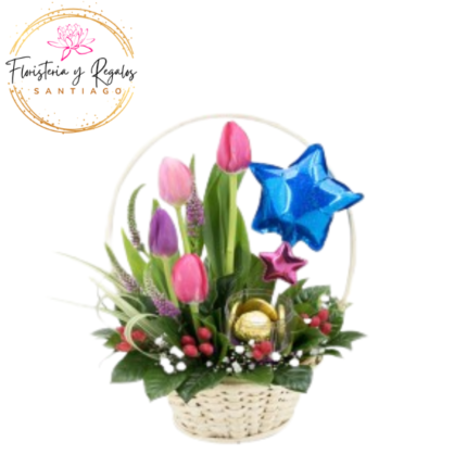 CANASTA DE 5 TULIPANES 1 BOMBON FERRERO ROCHER + GLOBO