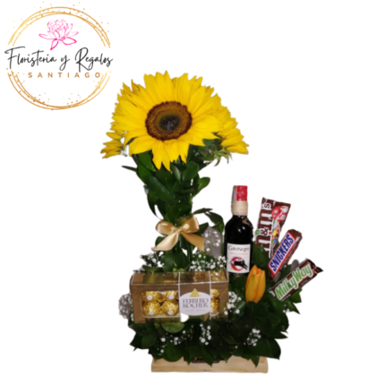 ARREGLO DE 5 GIRASOLES FERREROS ROCHER 100G 3 CHOCOLATES IMPORTADOS + PETIT 175ML