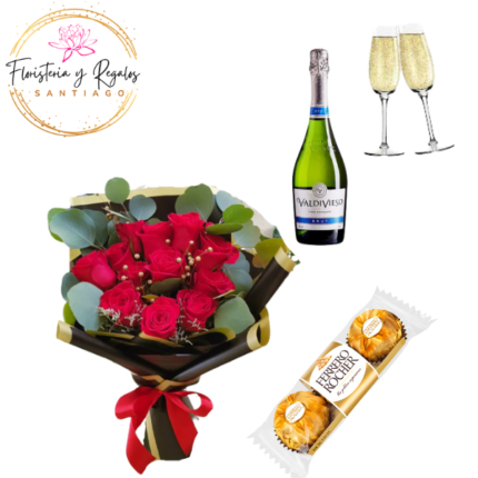 RAMO DE 10 ROSAS + BOMBONES FERREROS 3UND CHAMPGNE375ML Y COPAS