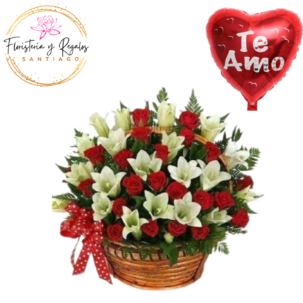 CANASTA DE 15 ROSAS 15 LILIUM + GLOBO