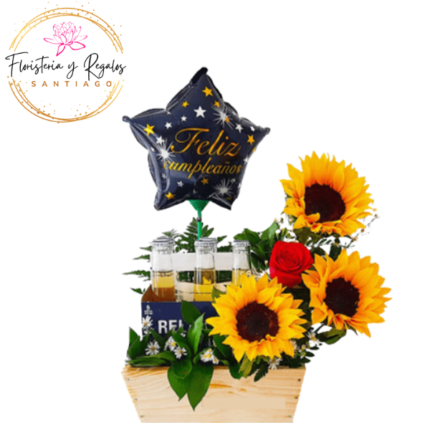 BASE CON 4 CERVERZAS 3 GIRASOLES 1 ROSA Y GLOBO