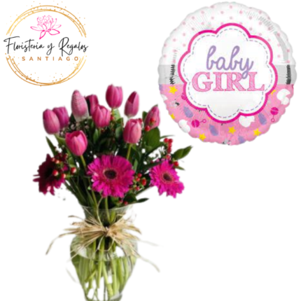 FLORERO 10 TULIPANES 3 GERBERAS Y FOLLAJE + GLOBO