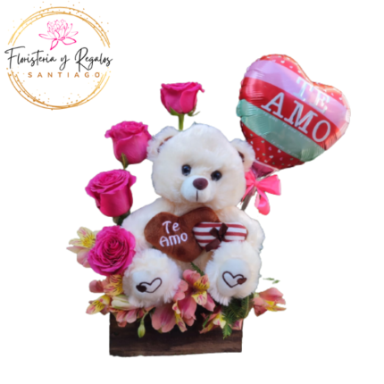 ARREGLO 04 ROSAS + PELUCHE DE 25 CM Y GLOBO