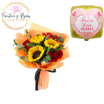 RAMO DE 6 ROSAS 3 GIRASOLES Y GLOBO