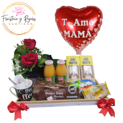 DESAYUNO  TE AMO MAMA 2 PANES 2 JUGOS 1 QUEQUE 1 TAZA 1 QUESILLO 1 GALLETA + 2 ROSAS Y GLOBO