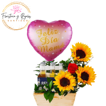 BASE DE 3 GIRASOLES 1 ROSA 4 CERVEZAS Y GLOBO