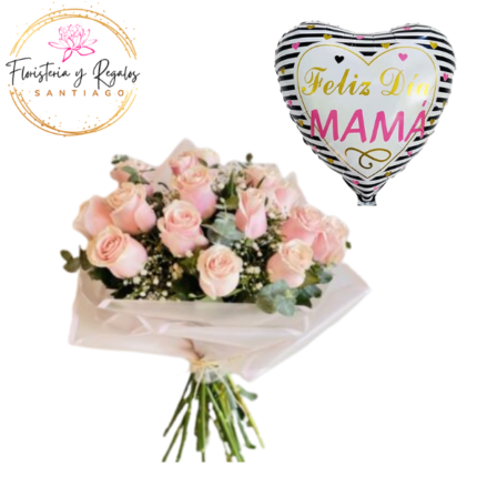 RAMO DE 20 ROSAS TIPO BOUQUET + GLOBO