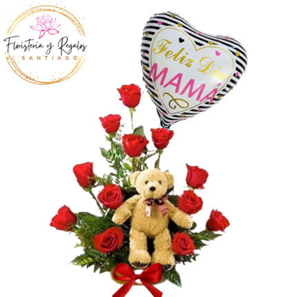 ARREGLO 12 ROSAS CON PELUCHE DE 30 CM Y GLOBO