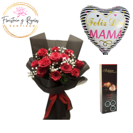 RAMO DE 12 ROSAS CON GYPSUM + GLOBO + BELGIAN