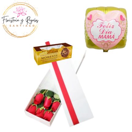 CAJA DE 6 ROSAS + CAJA DE BOMBONES Y GLOBO