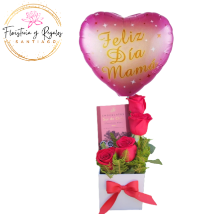 CAJA CON 4 ROSAS + BOMBONES DEL SUR Y GLOBO